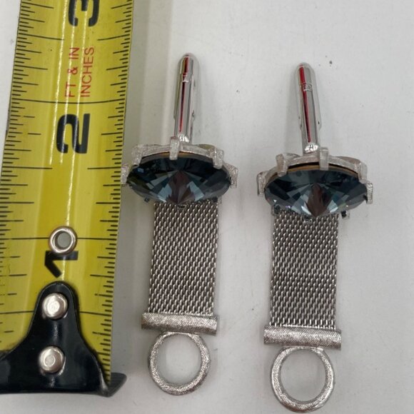 Vintage Dante Silver-Tone Cufflinks With Blue Rhinestones & Mesh Chain Design - Picture 3 of 5